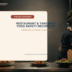 Puede incluir: Un documento digital titulado Restaurant & Takeaway Food Safety Record Kit con 12 hojas de trabajo editables. El texto incluye Temperature, Allergens, Traceability y Excel system for busy food businesses, de la marca Edingold Baltic.