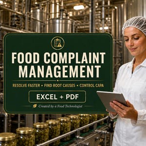 May include: A dark green rectangular sign with the text FOOD COMPLAINT MANAGEMENT, RESOLVE FASTER, FIND ROOT CAUSES, CONTROL CAPA, EXCEL + PDF, and Created by a Food Technologist, featuring a clipboard icon and a leaf icon.