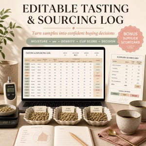 May include: An editable tasting and sourcing log displayed on a laptop screen, accompanied by a printed supplier scorecard, three small bowls of coffee beans labeled Guatemala, Ethiopia, and Colombia, a moisture meter, and a cupping notes journal.