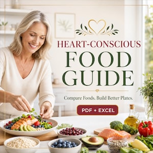 以下が含まれることがあります： 「HEART-CONSCIOUS FOOD GUIDE」、「Compare Foods. Build Better Plates.」、「PDF + EXCEL」というテキストが記載されたデジタル食品ガイド。ハートのアイコンと、サーモンなどの様々な健康的な食品が描かれています。