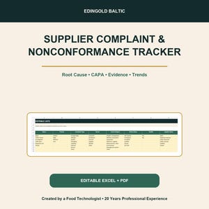 May include: A digital template titled Supplier Complaint & Nonconformance Tracker by Edingold Baltic. It features a spreadsheet with columns for status, priority, complaint type, source, root category, action status, yes/no, and supplier status.