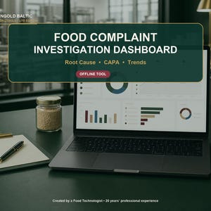 May include: A laptop displaying a Food Complaint Investigation Dashboard with charts and graphs. The screen shows text including Root Cause, CAPA, Trends, and Offline Tool. A clipboard with a pen and a small glass jar are placed next to the laptop.