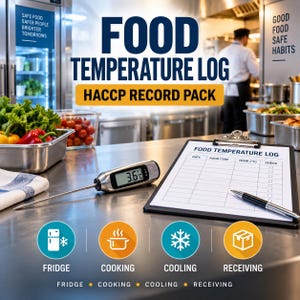 Könnte beinhalten: Ein digitales Lebensmittelthermometer mit 3,6°C Anzeige, ein Klemmbrett mit einem gedruckten Temperaturprotokoll und ein Stift auf einer Edelstahlarbeitsfläche. Der Text lautet Food Temperature Log HACCP Record Pack, Fridge, Cooking, Cooling, Receiving.