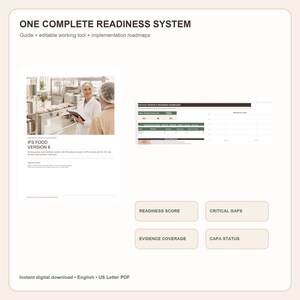 Op de afbeelding: Een digitaal document getiteld ONE COMPLETE READINESS SYSTEM met een gids, bewerkbare tool en implementatie-roadmaps voor IFS FOOD VERSION 8. Bevat een dashboard en vier knoppen met de labels READINESS SCORE, CRITICAL GAPS, EVIDENCE COVERAGE en CAPA STATUS.