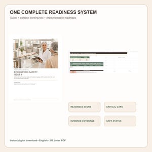 May include: A digital readiness system for BRCGS Food Safety Issue 9, featuring a guide, editable working tool, and implementation roadmaps. Includes a dashboard with sections for readiness score, critical gaps, evidence coverage, and CAPA status.