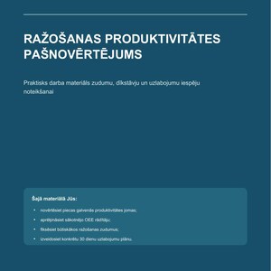 Könnte beinhalten: Ein dunkelblaues Dokument mit dem Titel RAŽOŠANAS PRODUKTIVITĀTES PAŠNOVĒRTĒJUMS von EDINGOLD BALTIC. Es enthält einen Untertitel zur Identifizierung von Verlusten und Ausfallzeiten, eine Liste mit vier Bewertungsschritten sowie Kontaktinformationen in der Fußzeile.