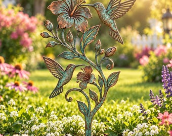 May include: A metal garden stake featuring a verdigris and copper finish with two hummingbirds and two hibiscus flowers. The sculpture includes intricate leaf details and stems, designed to be inserted into the ground for outdoor decoration.