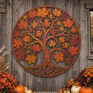 May include: A circular metal wall art piece featuring a detailed tree with intricate branches and roots. The tree is filled with numerous maple leaves in shades of orange, red, and yellow, enclosed within a thin, circular metal frame border.