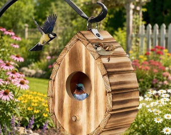 Wooden Hanging Bird House for Outdoors, Small Bird Nesting Box, Rustic Birdhouse for Finch Wren Chickadee Garden Patio Decor