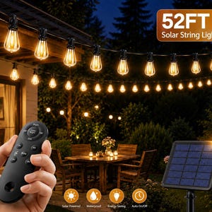 May include: A 52FT solar string light set featuring warm glowing Edison-style bulbs suspended on a black wire. The set includes a black remote control with multiple settings and a square solar panel. Text on the image reads 52FT Solar String Lights.