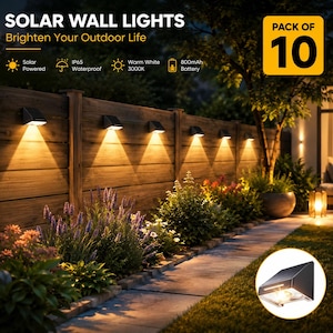 May include: A pack of 10 solar wall lights featuring a dark exterior, IP65 waterproof rating, 3000K warm white light, and an 800mAh battery. The lights are mounted on a wooden fence, casting a downward glow, with one unit shown in a circular inset.