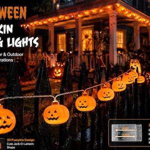 May include: Halloween pumpkin string lights with 20 orange LED jack-o'-lanterns on a 10 ft wire. These battery-operated, waterproof lights feature two lighting modes, steady on and flickering, and are designed for indoor and outdoor use.