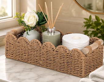 Scalloped Toilet Paper Storage Basket with Wooden Handles, Woven Paper Rope Bathroom Organizer, Shelf Decor Basket, Neutral Home Storage
