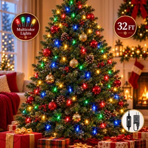May include: A 32 ft string of multicolor LED Christmas lights featuring red, green, blue, and yellow bulbs. The set includes a power adapter and controller, designed for decorating a Christmas tree with ornaments and pinecones.
