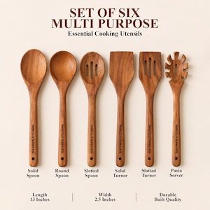 May include: A set of six brown wooden cooking utensils labeled Sultana's Kitchens, including a solid spoon, round spoon, slotted spoon, solid turner, slotted turner, and pasta server. Each piece measures 13 inches in length and 2.5 inches in width.