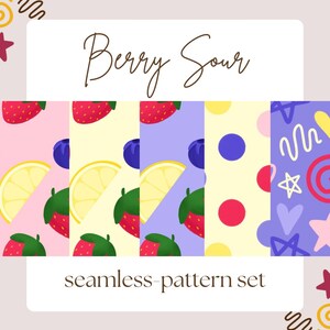 Op de afbeelding: Een digitale grafische weergave met de tekst Berry Sour seamless-pattern set. De afbeelding toont vijf verticale panelen met herhalende motieven van rode aardbeien, gele citroenschijfjes, blauwe bosbessen, kleurrijke stippen en sterren.