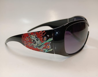 Gafas de sol VINTAGE “Calavera y llamas florales” estilo Ed Hardy Y2K UV400 - ¡Gafas de sol impactantes!