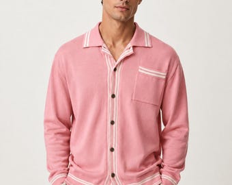 Gilet rétro rose en maille OXKNIT, taille XL homme (tour de poitrine 117 cm), 100 % coton
