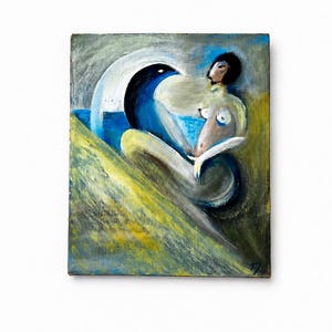 May include: An oil painting on canvas featuring a stylised figure with dark hair seated near a blue body of water. The composition uses muted tones of olive green, grey, and yellow, with a prominent dark blue curved shape and a white arc.