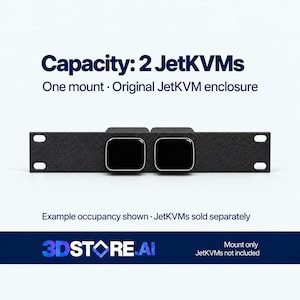 May include: A black rack-mount bracket with two square cutouts, designed for two JetKVMs. Text reads: Capacity: 2 JetKVMs, One mount, Original JetKVM enclosure, Example occupancy shown, JetKVMs sold separately, 3DSTORE.AI, Mount only, JetKVMs not included.