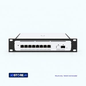May include: A black metal rack mount bracket designed for a network switch. The front panel features eight Ethernet ports, one SFP port, and a small square button. The device has a white top surface and a black frame with mounting holes.
