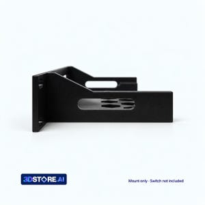 May include: A black metal rack mount bracket featuring a horizontal shelf with a hexagonal cutout pattern, side support arms with rectangular openings, and a vertical mounting plate. Text reads: 3DSTORE.AI Mount only - Switch not included.
