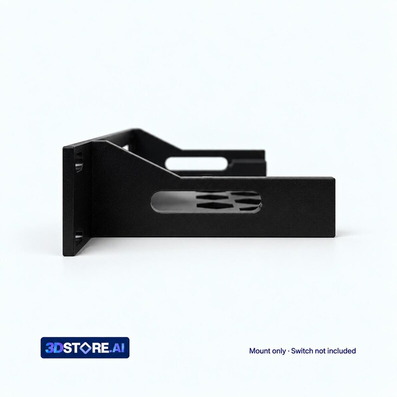 May include: A black metal rack mount bracket featuring a horizontal shelf with a hexagonal cutout pattern, side support arms with rectangular openings, and a vertical mounting plate. Text reads: 3DSTORE.AI Mount only - Switch not included.