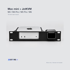 May include: A black 10-inch rack mount for a Mac mini and JetKVM. The text reads: Mac mini + JetKVM, M4 / M4 Pro / M5 Pro / M6, 10-inch rack mount, and 3DSTORE.AI. The mount holds a silver Mac mini and a black JetKVM device in a horizontal frame.