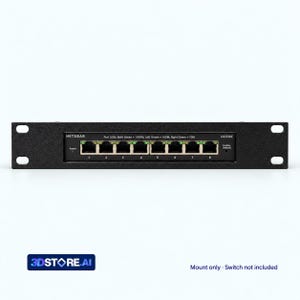 May include: A black metal rack mount bracket for a Netgear GS308E switch. The front panel features eight Ethernet ports numbered one through eight, a power indicator, and text detailing port LED status. Mounting holes are on both sides.
