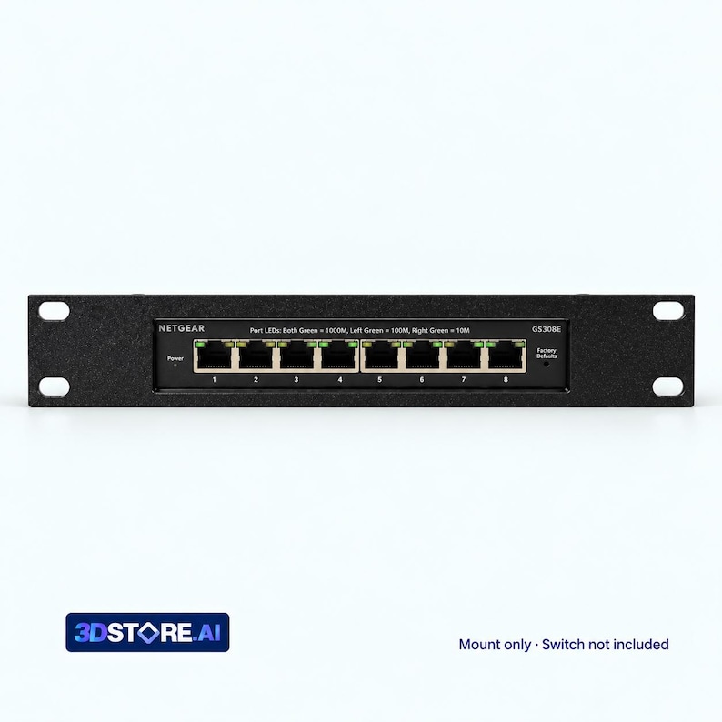 May include: A black metal rack mount bracket for a Netgear GS308E switch. The front panel features eight Ethernet ports numbered one through eight, a power indicator, and text detailing port LED status. Mounting holes are on both sides.