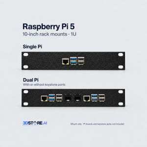 May include: Black 10-inch 1U rack mounts for Raspberry Pi 5. The top mount holds a single Pi board, while the bottom mount holds dual Pi boards with optional keystone ports. Text reads: Raspberry Pi 5, 10-inch rack mounts, 1U, Single Pi, Dual Pi.
