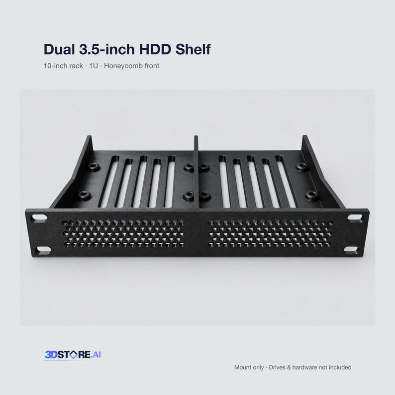 Dual 3.5 HDD Shelf - 10 Inch Rack Mount | 1U SATA Drive Tray | Black PETG image 1