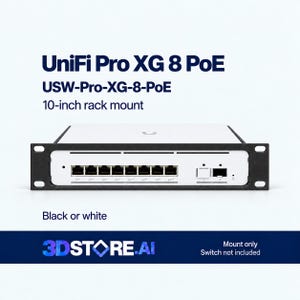 以下が含まれることがあります： UniFi Pro XG 8 PoE USW-Pro-XG-8-PoEネットワークスイッチ用の黒い10インチラックマウント。このマウントは、8つのイーサネットポートと2つのSFPポートを備えた白いフロントパネルで構成されており、ネットワーク機器をしっかりと固定するために設計されています。