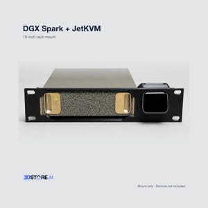 K&ouml;nnte beinhalten: Eine schwarze 10-Zoll-Rack-Halterung f&uuml;r DGX Spark und JetKVM mit einer texturierten Mittelplatte, zwei goldfarbenen rechteckigen Akzenten und einem quadratischen schwarzen Modul auf der rechten Seite. Der Text DGX Spark + JetKVM und 10-inch rack mount ist sichtbar.