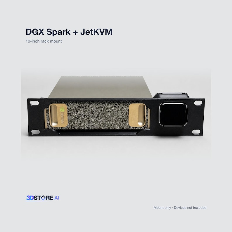 K&ouml;nnte beinhalten: Eine schwarze 10-Zoll-Rack-Halterung f&uuml;r DGX Spark und JetKVM mit einer texturierten Mittelplatte, zwei goldfarbenen rechteckigen Akzenten und einem quadratischen schwarzen Modul auf der rechten Seite. Der Text DGX Spark + JetKVM und 10-inch rack mount ist sichtbar.