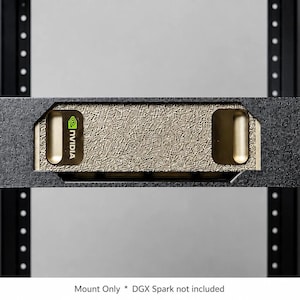 May include: A black metal rack mount bracket with a textured finish, secured by four screws to a vertical server rack frame. The center opening reveals a gold-toned component with the NVIDIA logo and text, featuring a distinct textured surface.