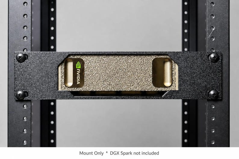 May include: A black metal rack mount bracket with a textured finish, secured by four screws to a vertical server rack frame. The center opening reveals a gold-toned component with the NVIDIA logo and text, featuring a distinct textured surface.