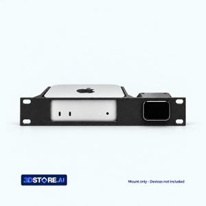 May include: A black rack-mount bracket holding a silver Apple Mac Mini and a small black rectangular device. The bracket features mounting holes on both ends and includes the text 3DSTORE.AI and Mount only - Devices not included.