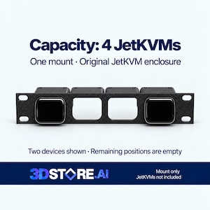 May include: A black rack-mount bracket with four slots, designed to hold four JetKVM devices. Two devices are installed in the outer slots, while the two center slots remain empty. Text reads: Capacity: 4 JetKVMs, One mount, Original JetKVM enclosure.