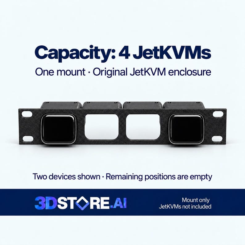 May include: A black rack-mount bracket with four slots, designed to hold four JetKVM devices. Two devices are installed in the outer slots, while the two center slots remain empty. Text reads: Capacity: 4 JetKVMs, One mount, Original JetKVM enclosure.