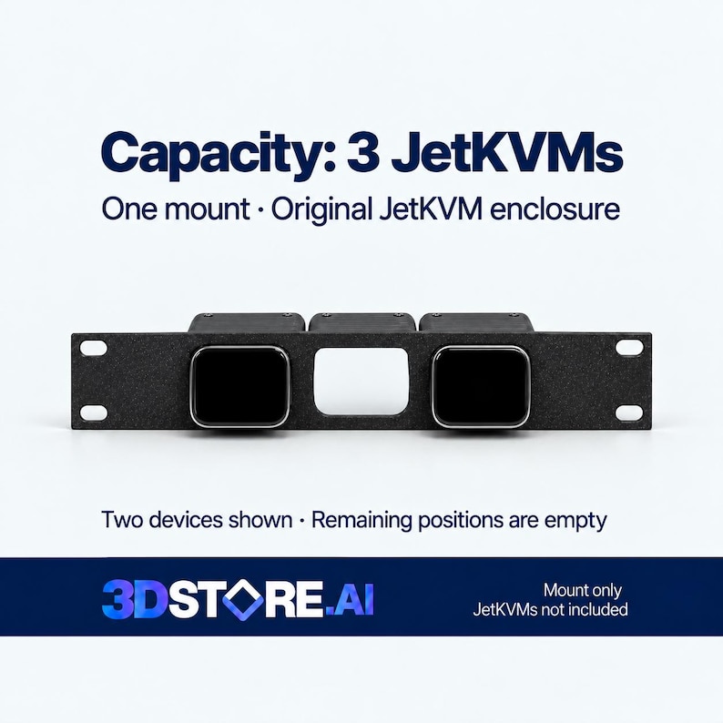 May include: A black rack-mount bracket with three slots, two of which contain JetKVM devices. Text reads: Capacity: 3 JetKVMs, One mount, Original JetKVM enclosure, Two devices shown, Remaining positions are empty, 3DSTORE.AI, Mount only JetKVMs not included.
