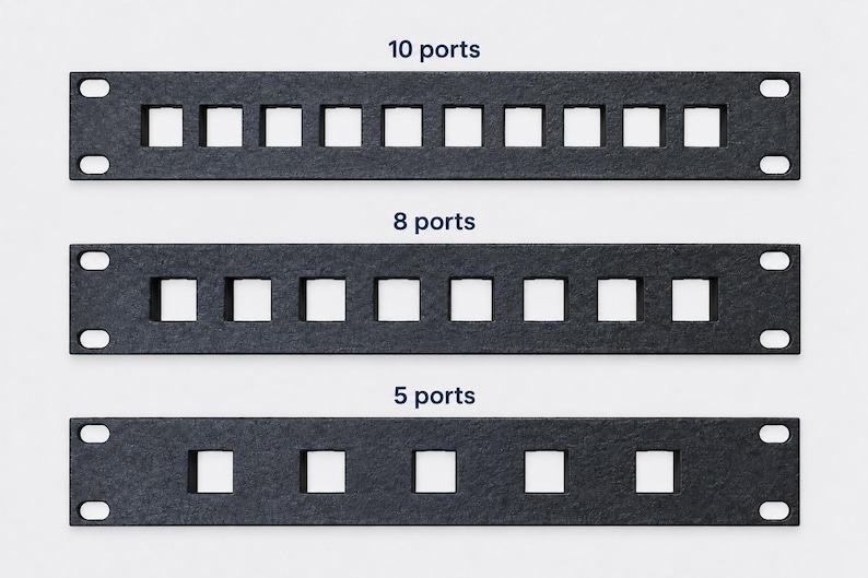 Pode incluir: Tr&ecirc;s pain&eacute;is de conex&atilde;o pretos retangulares para rack com contagens de portas variadas. O painel superior tem 10 portas, o do meio tem 8 portas e o inferior tem 5 portas. Cada painel possui orif&iacute;cios de montagem nas extremidades laterais.