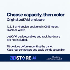 May include: An Original JetKVM enclosure product information graphic. Text reads: Choose capacity, then color. 1, 2, 3 or 4 device positions in ONE mount. Black or White. JetKVM devices, cables and rack hardware are not included.