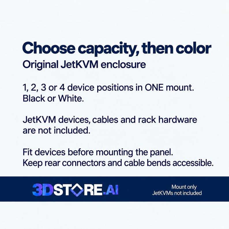 May include: An Original JetKVM enclosure product information graphic. Text reads: Choose capacity, then color. 1, 2, 3 or 4 device positions in ONE mount. Black or White. JetKVM devices, cables and rack hardware are not included.