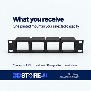 May include: A black 3D-printed rack mount with four square cutouts for hardware. The text reads: What you receive, One printed mount in your selected capacity, Choose 1 / 2 / 3 / 4 positions, Four-position mount shown, 3DSTORE.AI, Mount only, JetKVMs not included.