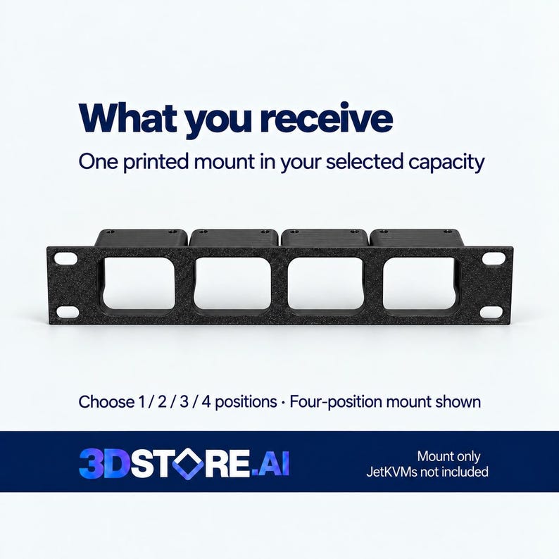 May include: A black 3D-printed rack mount with four square cutouts for hardware. The text reads: What you receive, One printed mount in your selected capacity, Choose 1 / 2 / 3 / 4 positions, Four-position mount shown, 3DSTORE.AI, Mount only, JetKVMs not included.