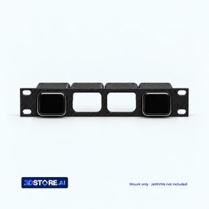 May include: A black rack-mount bracket featuring four square cutouts, with two glossy black square modules installed in the outer slots and two empty center slots. The bracket includes mounting holes on each side for standard rack installation.
