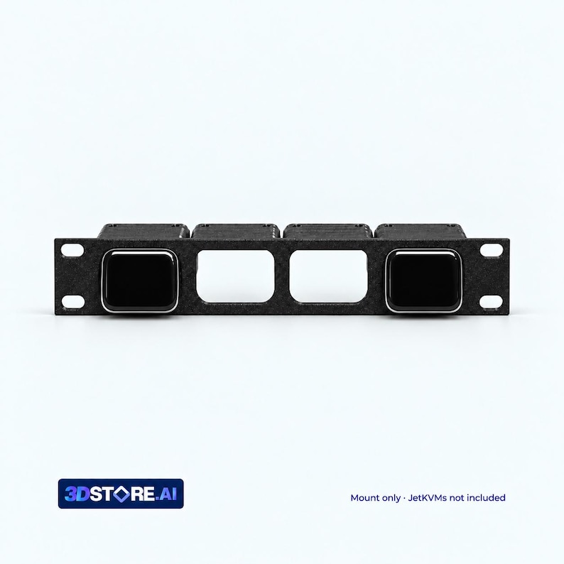 May include: A black rack-mount bracket featuring four square cutouts, with two glossy black square modules installed in the outer slots and two empty center slots. The bracket includes mounting holes on each side for standard rack installation.