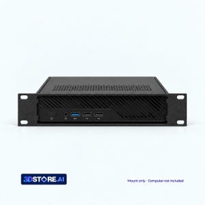 May include: A black rack-mount computer chassis featuring a front panel with a power button, a headphone jack, one blue USB port, and two additional USB ports. The unit includes side mounting brackets with screw holes for installation.