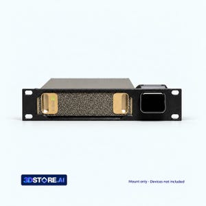 May include: A black rack-mount server chassis featuring a central textured panel flanked by two gold-colored accents with the NVIDIA logo on the left side. A square black power button is positioned on the right side of the front faceplate.